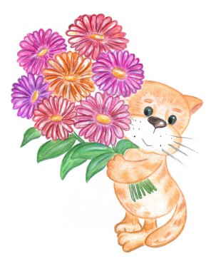 Renkli ortancaların büyük bir buket ile boyalı turuncu kedi