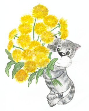 Dandelions büyük bir buket ile animasyonlu kedi