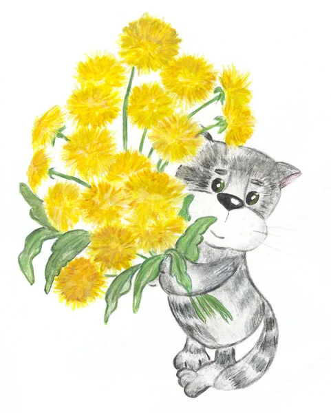 Animated cat with a huge bouquet of dandelions