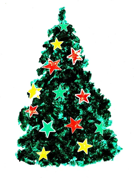 Árvore Natal Decorada Com Estrelas Multicoloridas Fundo Branco — Fotografia de Stock