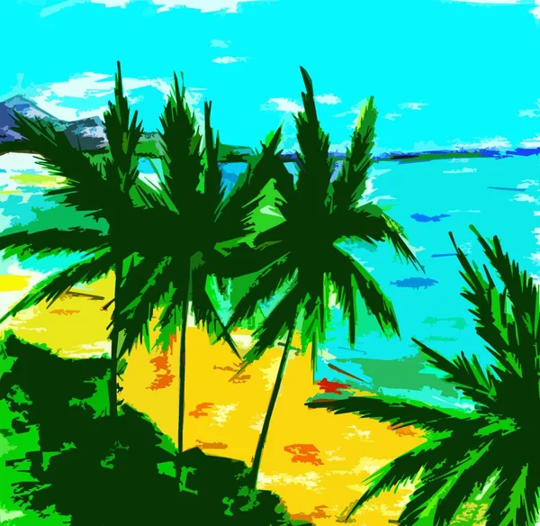 Abstrakte Zeichnung Mit Blauem Himmel Meer Strand Und Palmen — Stockfoto