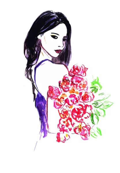 Obraz Dziewczyny Bukietem Kwiatów — Zdjęcie stockowe