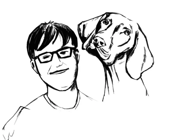 Gözlüklü ve köpekli bir çocuğun grafiksel görüntüsü.