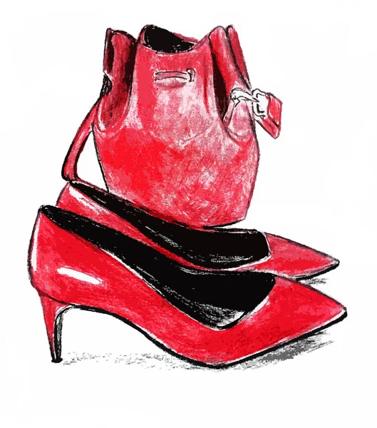 Sapatos Femininos Vermelhos Bolsa Fundo Branco — Fotografia de Stock