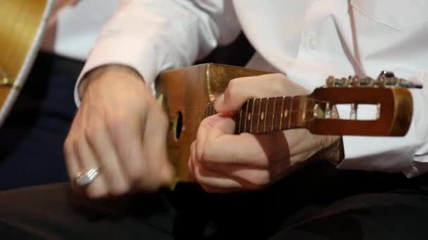 Hombre está tocando el instrumento musical tradicional primer plano — Vídeos de Stock