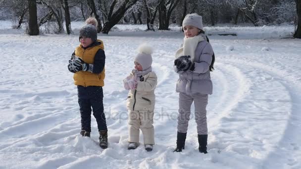 Drie kinderen gooit sneeuw omhoog in de lucht — Stockvideo