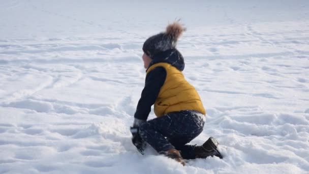 Chłopiec zabawie w parku zimowym — Wideo stockowe