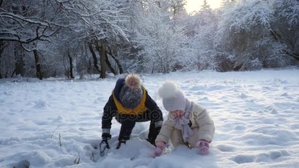 Hermano y hermana jugando en la nieve — Vídeos de Stock