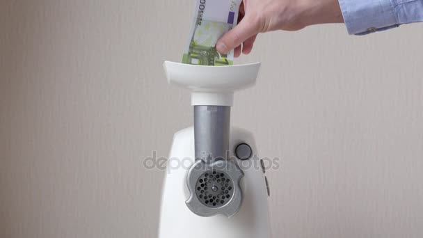 Male Hand Puts 100 Euro Banknote Grinder Minced Red Chopped — Stock Video