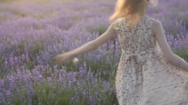 sevimli küçük kız neşeyle bir gülümseme ile bir harika lavanta alanda açık havada yüzündeki sıcak yaz akşamları dans ediyor