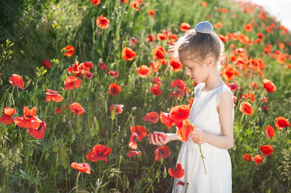 Linda menina coletando flores em uma encosta com papoulas floridas na primavera — Fotografia de Stock