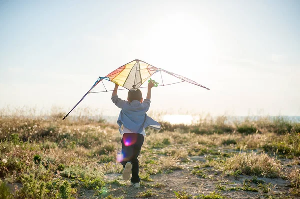 Little boy run across the field with a kite in his hands trying to fly — Stock Photo, Image