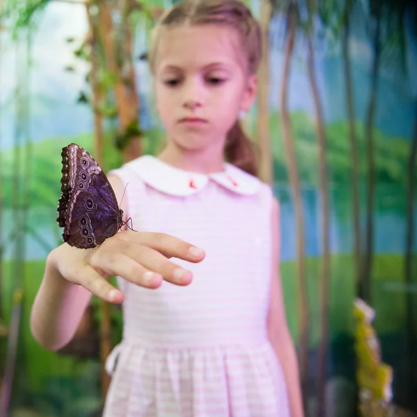 Prachtige grote vlinder via kleine meisje-bedrijf op haar hand op jungle achtergrond — Stockfoto