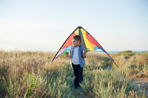 Handsome dreamy little boy with closed eyes holds colorful kite behind dreaming — Stock Photo, Image