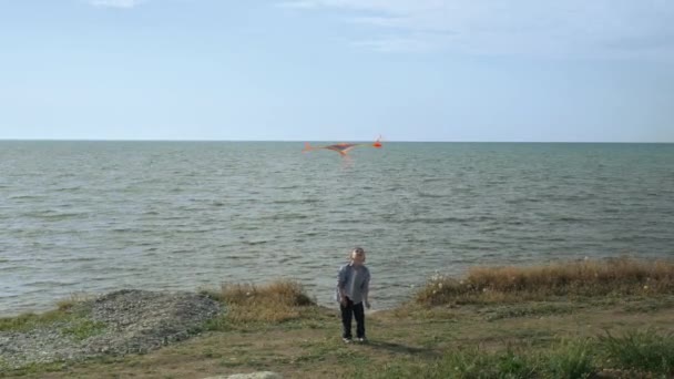 Glad Liten Pojke Med Flygande Färgglada Kite Stranden Bakgrund Havet — Stockvideo