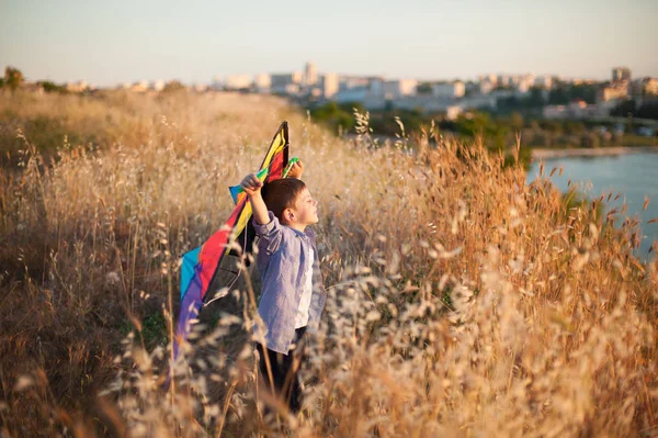 Pequeno menino sonhador com pipa colorida entre grama seca na costa do mar com a cidade no fundo — Fotografia de Stock