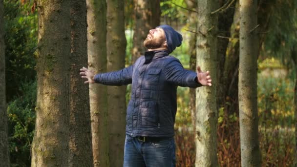 自由市で若い男性立っている公園感情的に手を上げて 成功の意識です 暖かい光秋太陽の下で屋外大声で叫んでください — ストック動画