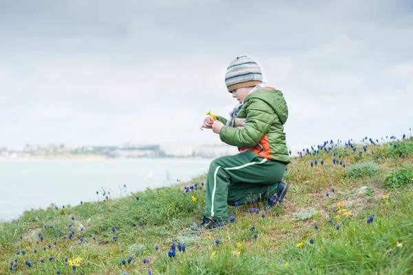 Drăguț băiețel cu păpădie galbenă în mână pe panta de înflorire iarbă cu flori Muscari pe fundalul mării în primăvară — Fotografie, imagine de stoc