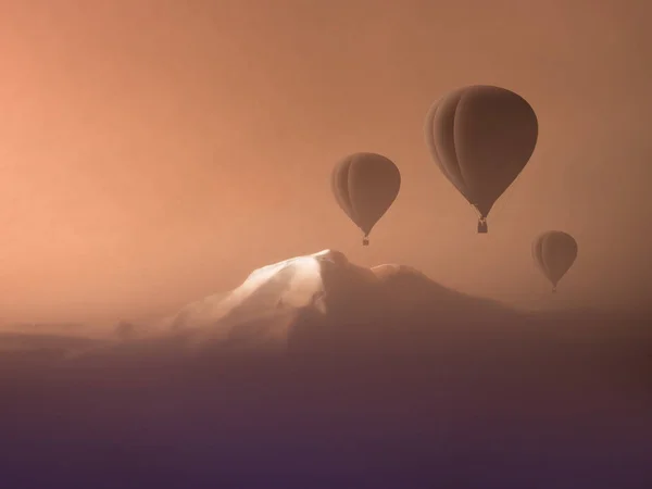 hot air balloon flight high in mountains. concept extreme sports.