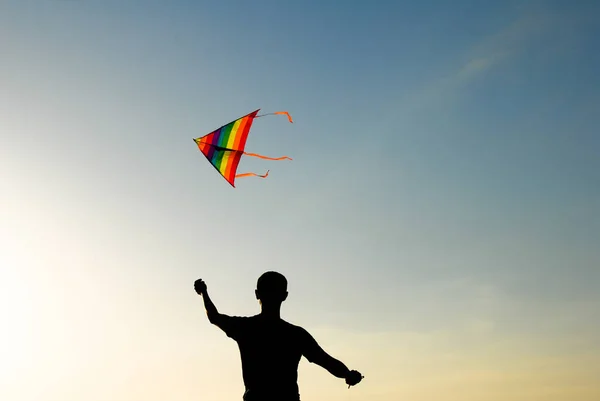 Silhouet van actieve jonge man manipuleren kleurrijke vliegeren in lucht bij zonsondergang zomer — Stockfoto