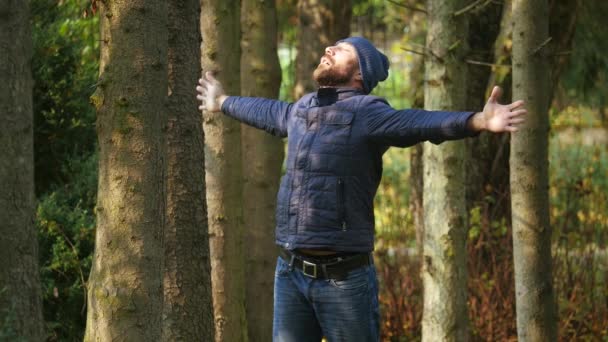 Άνθρωπος Ελκυστική Εξωτερική Στέκεται Στο Πάρκο Συναισθηματικά Χέρια Έθεσε Συνειδητοποίηση — Αρχείο Βίντεο