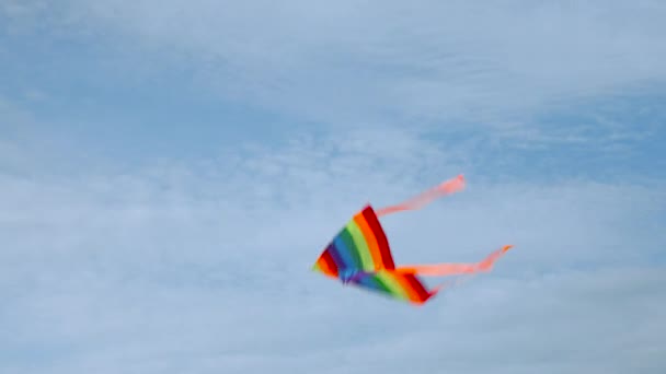 Cerf Volant Rayé Multicolore Volant Dans Ciel Bleu — Video