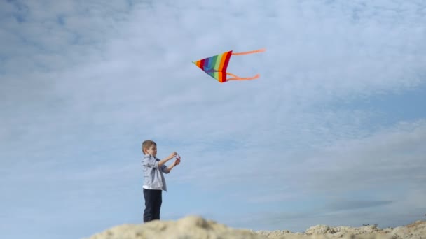 Kind Spelen Met Een Vlieger Staande Een Rotsachtige Kust — Stockvideo