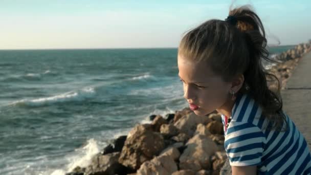 Portrét Roztomilá Holčička Pruhovaném Tričku Pláži Větrný Den Při Západu — Stock video