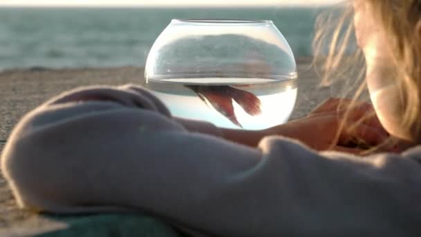 海の近くに屋外家庭用小型魚と遊ぶ少女をクローズ アップ — ストック動画