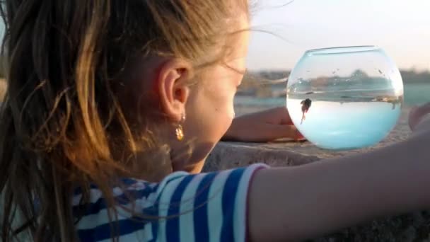 Niña Jugando Con Peces Acuario Mira Los Peces Nadando Una — Vídeos de Stock