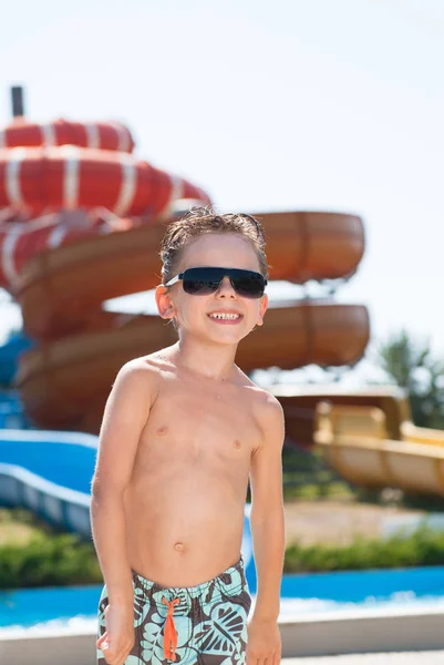 Felice sorridente carino ragazzo liitle in pantaloncini e occhiali da sole nel parco acquatico con scivoli d'acqua in estate — Foto Stock