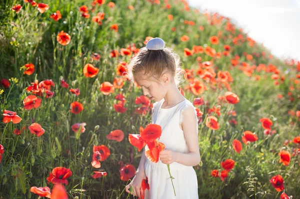 Graziosa Bambina Abito Bianco Raccoglie Papaveri Arancioni Sulla Collina Fiorita — Foto Stock