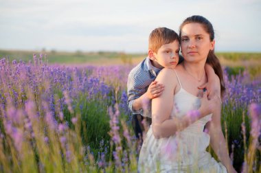 Sevimli küçük çocuk, yaz mevsiminde lavanta çiçeklerinin arasında güzel anneye sarılıyor. Sıcak altın gün batımında.