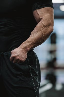 güçlü sakallı adam spor salonunda antrenman yapıyor.