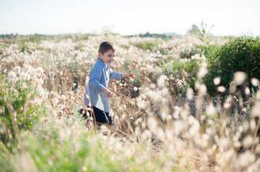 Mutlu gülümseyen küçük sevimli çocuk yaz tarlasında kuru ve yeşil çimenlerin arasında koşuyor.