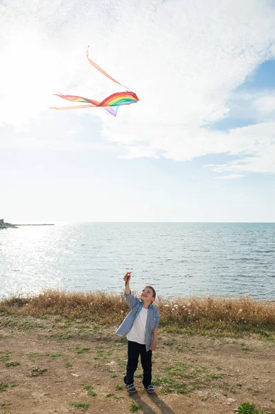 happy active little adorable kid holding flying beautiful kite standing on sea beach during summer leisure holiday