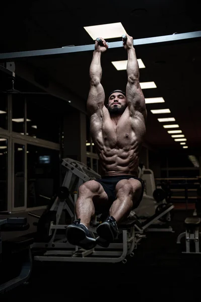 Abdominal Muscles Training Young Bearded Man Horizontal Bar Dark Sport — Stock Photo, Image