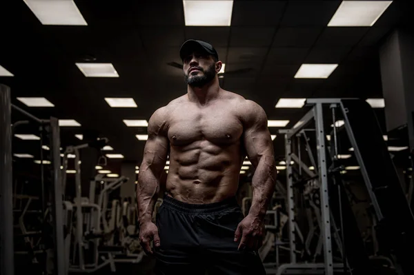 Handsome Young Strong Bearded Male Dark Sport Empty Gym Fitness — Stock Photo, Image