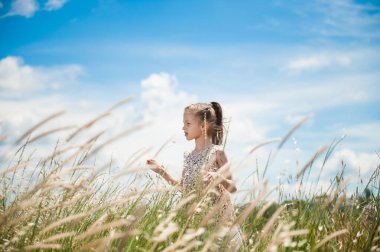 summer leisure concept of little girl in dress in field under vivid blue sky with white clouds clipart