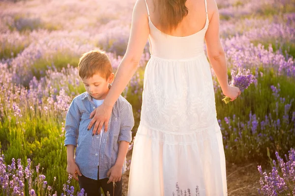 Relación familiar amor concepto joven madre femenina con ramo de lavanda en vestido blanco tocando a su hijo pequeño en camisa de pie en el hermoso campo violeta de verano —  Fotos de Stock