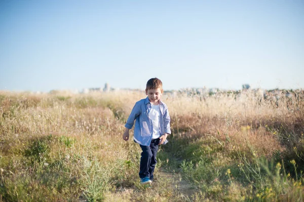 Grappige Kleine Jongen Shirt Wandelen Openlucht Zomer Natuurgebied — Stockfoto