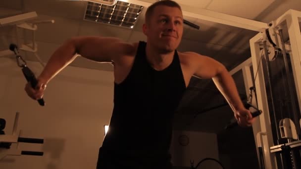 Muskulös bodybuilder killen gör övningar. — Stockvideo