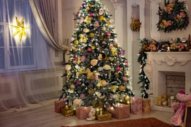 Beautiful room with fireplace Christmas tree and garlands. clipart