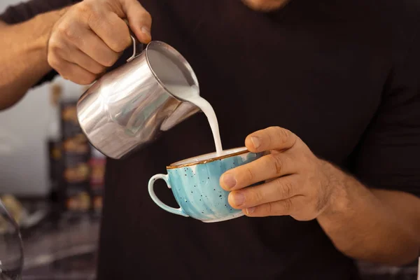 Barista Male Hands Pour Milk Blue Cup Coffee — Stock Photo, Image