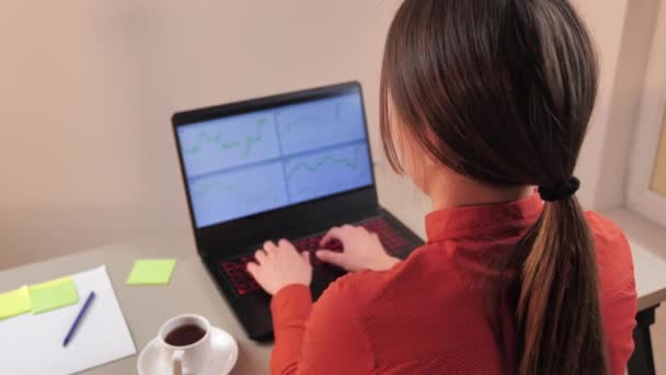 Бізнес-леді аналізує графік на ноутбуці 4k — стокове відео