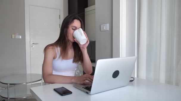 Retrato de mulher atraente que trabalha em um computador em casa. Conceito freelance. 4k — Vídeo de Stock