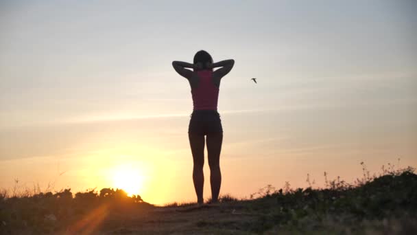 Femme heureuse leva les mains pour profiter du coucher de soleil pendant les vacances d'été. Bonheur et bonheur concept vidéo avec une femme de joie célébrant en silhouette. MOTION LENT 4k — Video