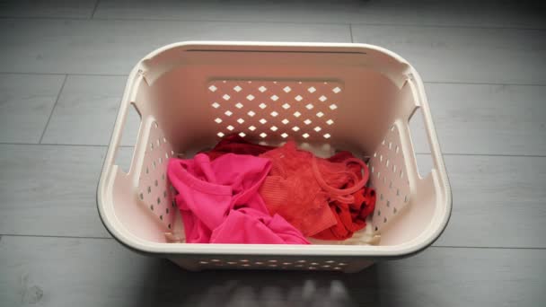 Jogando roupa suja cor na cesta de lavanderia — Vídeo de Stock