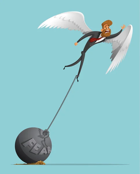 Sad man, businessman with wings like an angel, tries to take off, but it does not allow the severity of the fear, a plumb chain. Angel wings. The severity of fear. Stylish businessman-hipster. Vector — Διανυσματικό Αρχείο