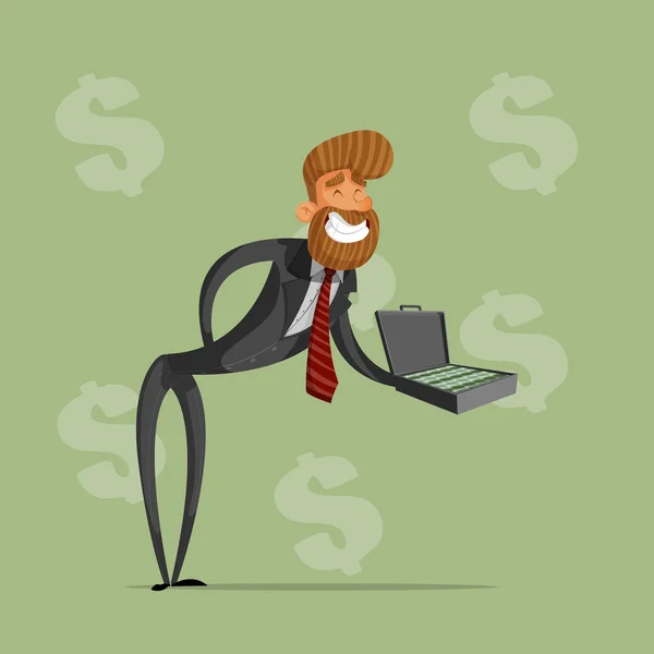 Happy businessman or manager holds a briefcase of money, offers a bribe. Vector illustrations — Stockový vektor